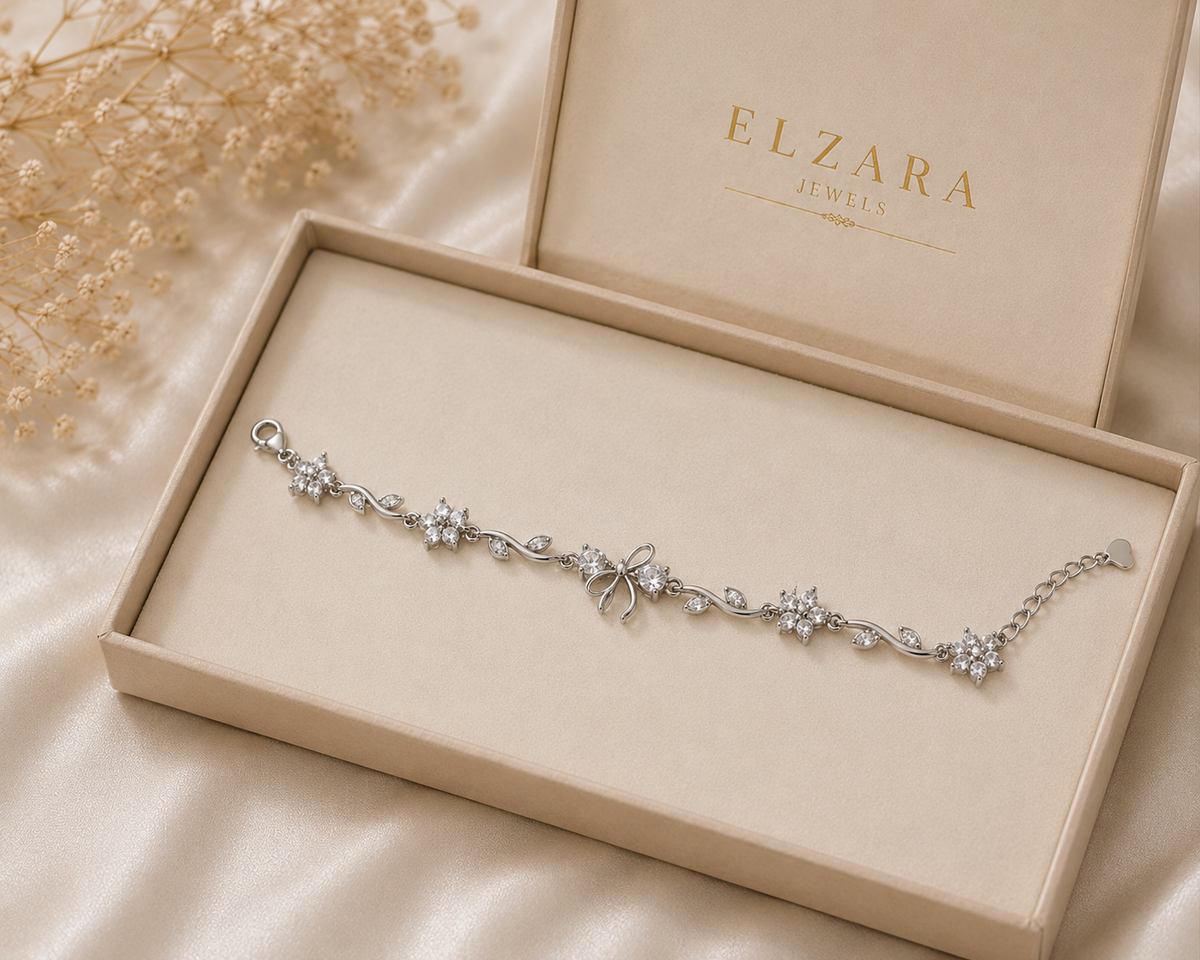 Silver Floral Bow Bracelet – Sparkling Crystal Flower Bracelet for Women ✨🌸