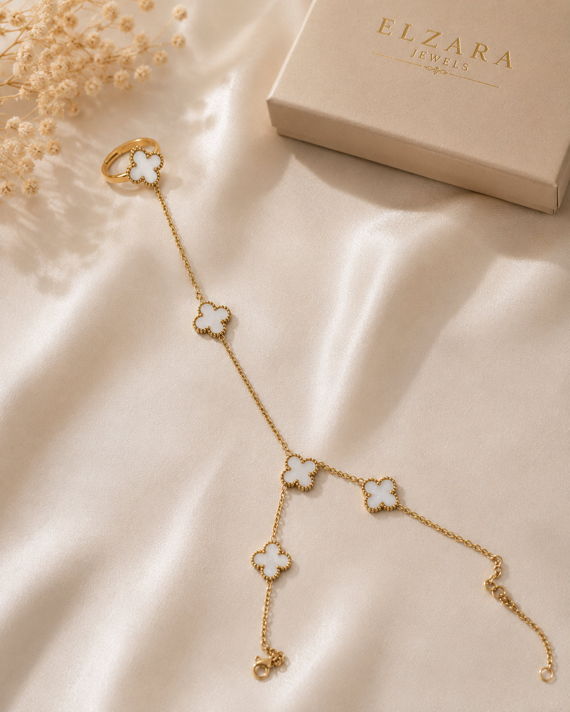 White Clover Hand Chain Bracelet with Ring – Elegant Gold-Tone Jewelry for Women ✨