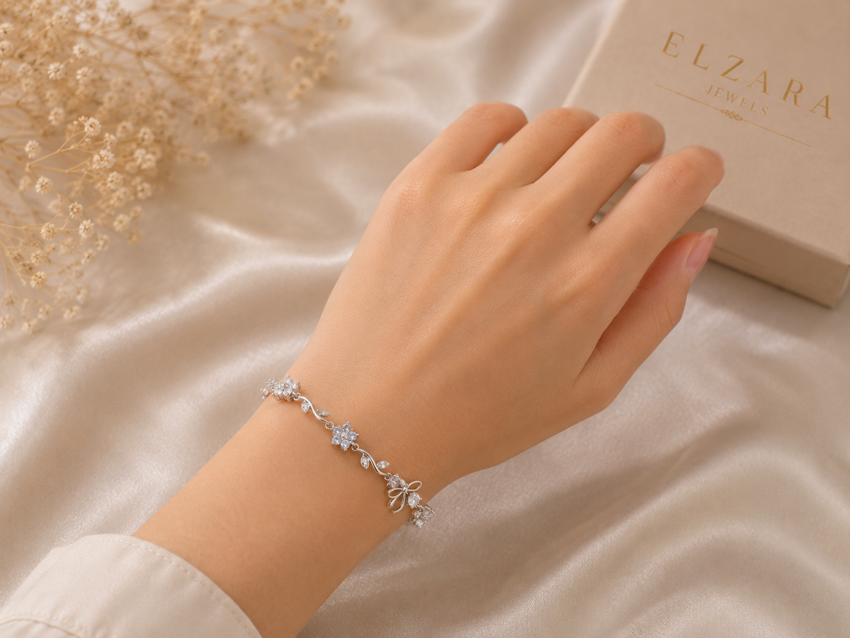 Silver Floral Bow Bracelet – Sparkling Crystal Flower Bracelet for Women ✨🌸